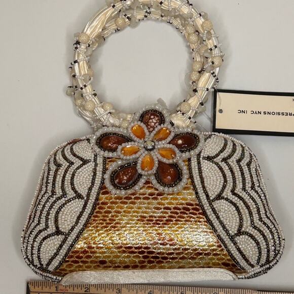 Expressions NYC Beaded Evening Bag Gold & Amber Floral Handle NWT - Picture 7 of 9